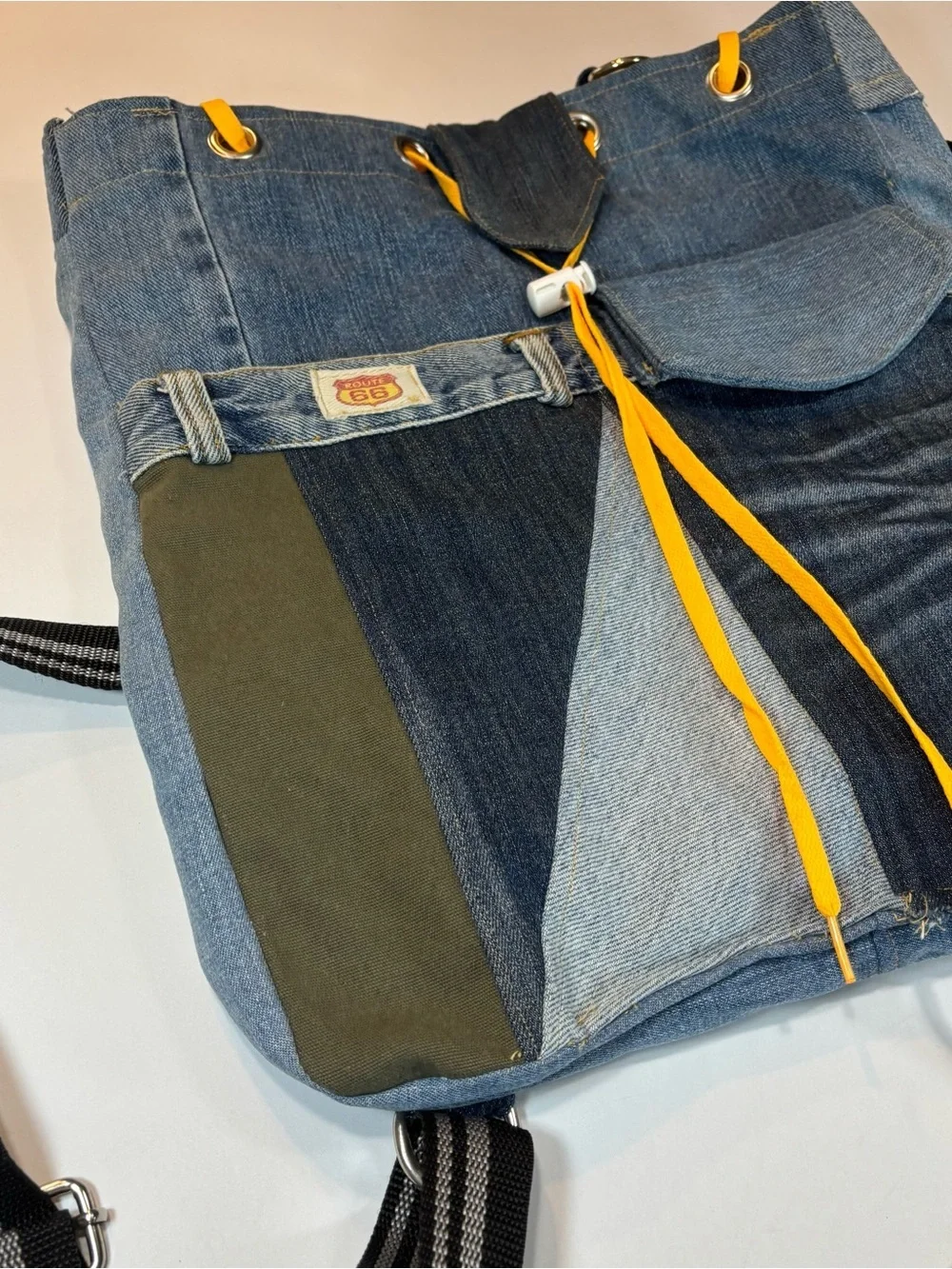 90’s Route 66 Jeans Purse Tote Bag Lined Handmade Denim Pockets Patchwork